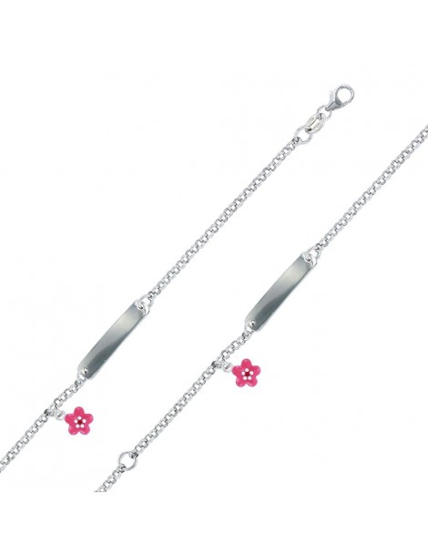 Gourmette identité fillette en argent rhodié ornée d'une fleur fuchsia