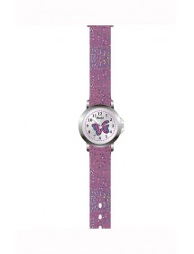 Montre fille Domi, avec papillon et bracelet plastique violet pailleté