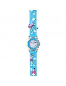 Montre fille "Patineuse sur glace" boîtier métal et bracelet silicone bleu ciel