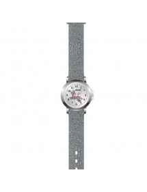 Montre fille boîtier métal, cadran avec licorne et bracelet plastique gris pailleté