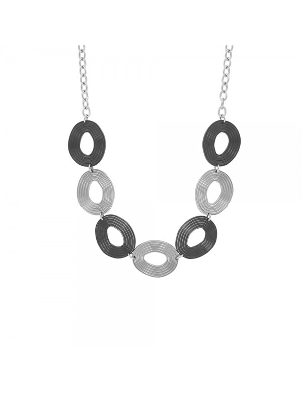 Collier cercles argentés et noirs en acier et chaine - 45cm