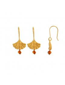 Ginkgo leaf earrings with cognac amber ball pendant, gilded silver