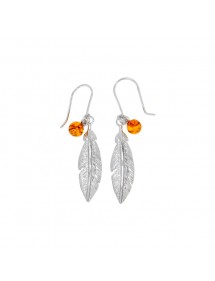 Boucles d'oreilles plume pendant avec boule Ambre miel et argent rhodié 31318210 Nature d'Ambre 49,90 €