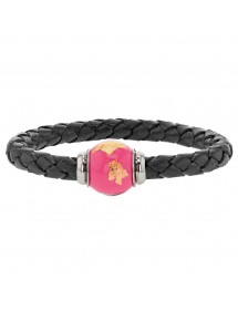 Braided black aniline bovine leather bracelet, magnetic steel clasp and pink enamelled steel bead - 18 cm 314183N18 Baci Bell...