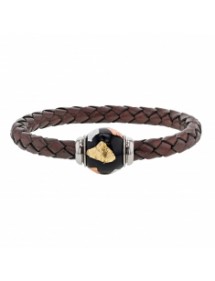 Braided brown aniline bovine leather bracelet, tricolor enamelled steel bead - 18 cm 314184M18 Baci Belli 14,00 €