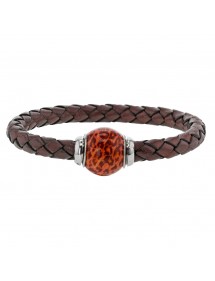 Bracelet cuir de veau aniline marron tressé, perle en acier émaillé bicolore - 18 cm 314190M18 Baci Belli 69,90 €