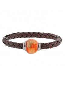 Bracelet cuir de veau aniline marron tressé, perle en acier émaillé orange - 18 cm 314187M18 Baci Belli 69,90 €