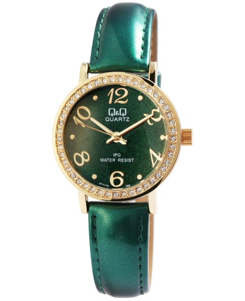 Q&Q women's watch with gold case and rhinestones, green imitation leather strap, water resistant to 3 bar QZ15J105Y Q&Q 34,00 €