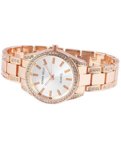 Women's watch with Donna Kelly metal bracelet, pink gold color and rhinestones