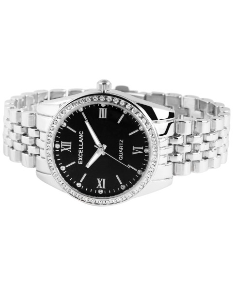 Excellanc women's watch with silver link bracelet, Roman numerals, rhinestones