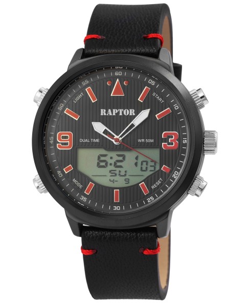 Raptor herenhorloge met zwarte en rode lederen band, analoog/digita...