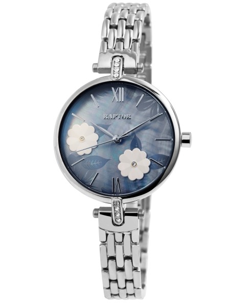 Montre Raptor Malva RA10204-002 pour femme, bracelet maille en acier inoxydable, cadran fleurs gris bleu et strass RA10204-00...