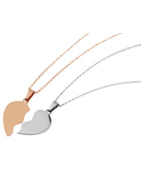 Necklaces with chains and half-heart pendants in shiny stainless steel and golden steel