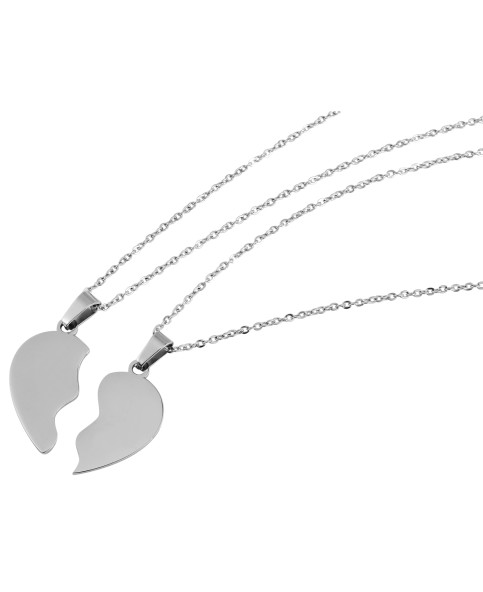 Necklaces with chains and half-heart pendants in shiny stainless steel