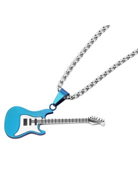 Collana Ciondolo Chitarra Elettrica In Acciaio Inossidabile, Colore Argento/Blu