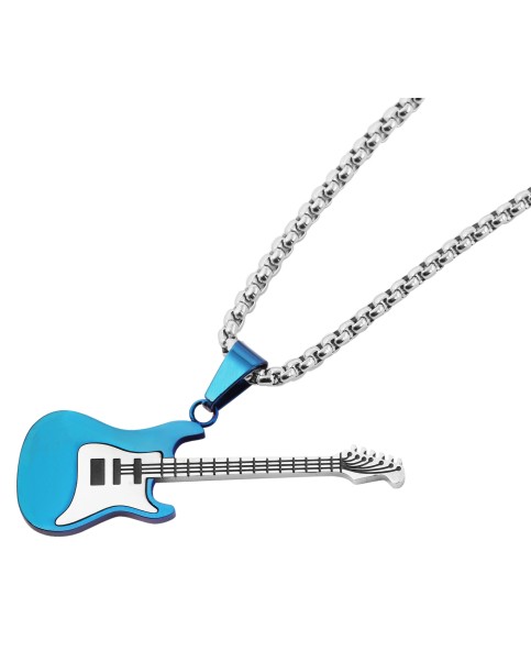 Stainless Steel Electric Guitar Pendant Necklace, Silver/Blue Color