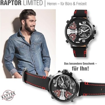 Raptor Limited RA20130-001 heren quartzhorloge met lederen band en 3 tijdzones