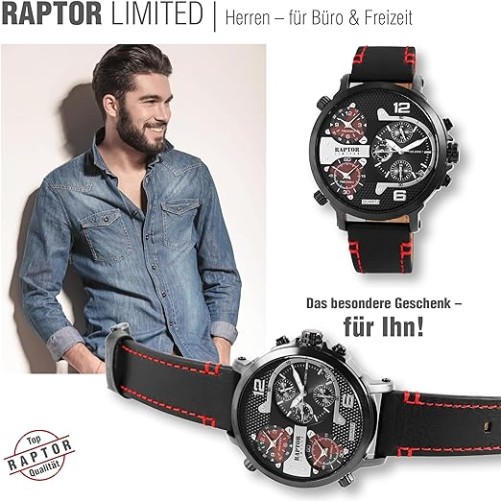 RAPTOR LIMITED Multifunktions-Herrenuhr "Maxx" mit Echtlederband, schwarz/rot