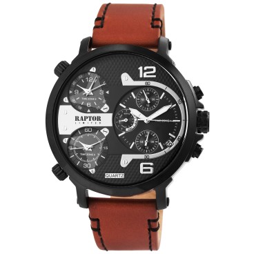 Montre Raptor Limited Maxx RA20130-006 à quartz pour homme avec dessus bracelet en cuir véritable et 3 fuseaux horaires RA201...