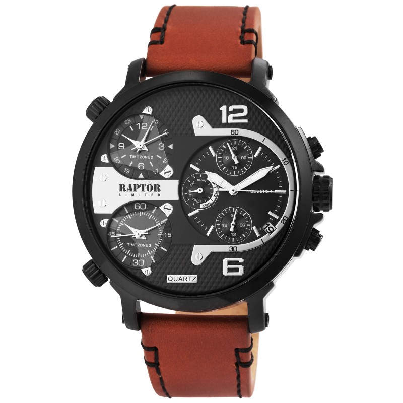 Raptor Limited RA20130-006 Men's Quartz Watch with Genuine Leather Strap and 3 Time Zones