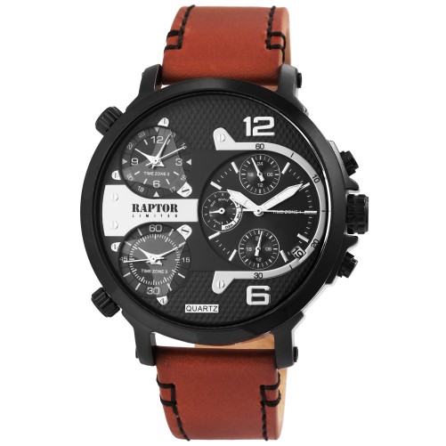 Montre Raptor Limited Maxx RA20130-006 à quartz pour homme avec dessus bracelet en cuir véritable et 3 fuseaux horaires RA201...