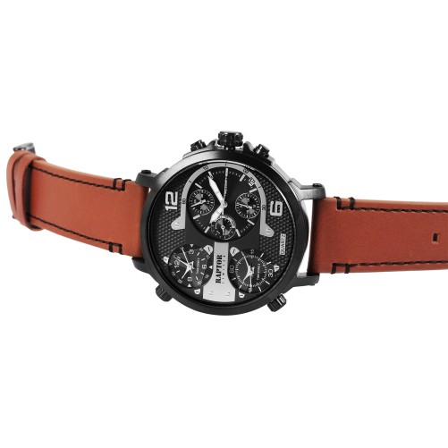 Raptor Limited RA20130-006 heren quartzhorloge met lederen band en 3 tijdzones