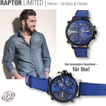 Raptor Limited RA20130-007 Reloj de cuarzo para hombre con correa de piel auténtica y 3 zonas horarias