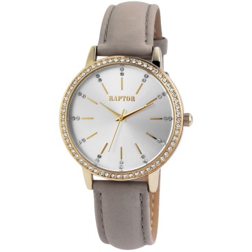 Montre Raptor RA10176-004 "Brilliance" pour femme, bracelet en cuir véritable, couleur taupe/doré et strass scintillants RA10...