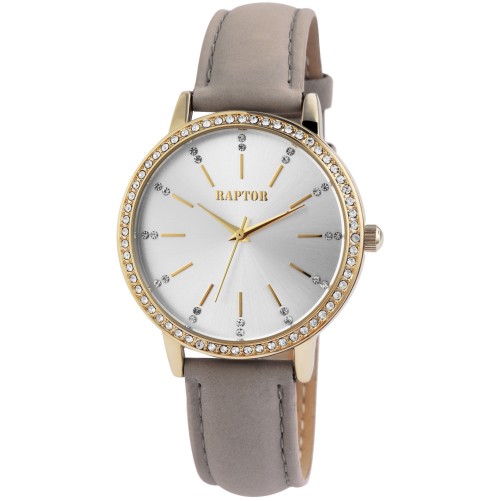 Montre Raptor RA10176-004 "Brilliance" pour femme, bracelet en cuir véritable, couleur taupe/doré et strass scintillants RA10...