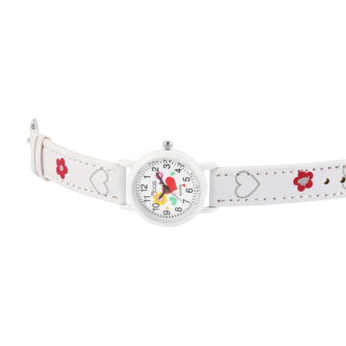 Montre fille QBOS bracelet avec cœurs en similicuir blanche