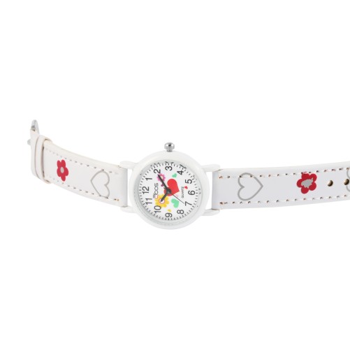 Reloj de niña marca QBOS, pulsera con corazones en símil piel blanca