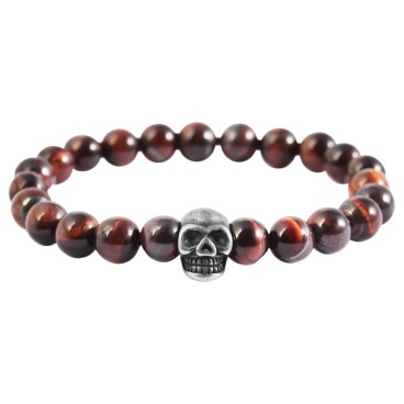 Raptor ball bracelet in natural tiger eye stone with stainless steel skull element