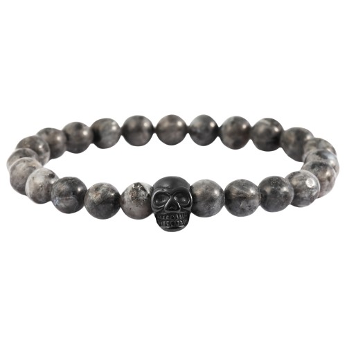 Raptor Naturstein Kugelarmband (Schneeflockenobsidian) mit Edelstahlelement Totenkopf