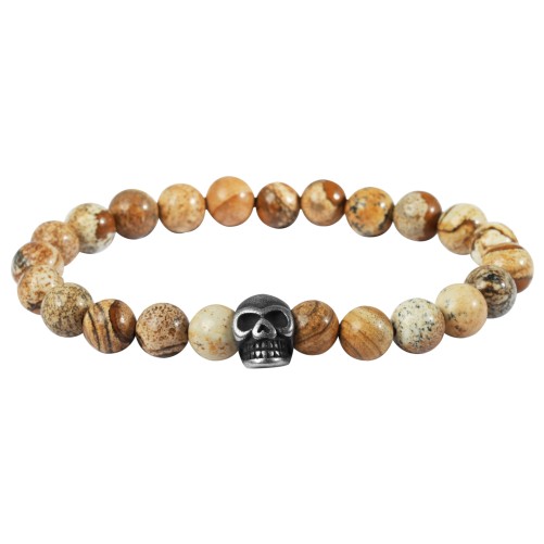 Raptor ball bracelet in light brown natural tiger's eye stone with stainless steel skull element