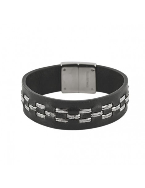 Black ovine leather and steel bracelet 19 x 2.2 cm