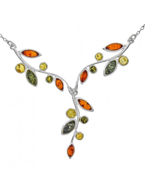 Tri-colored amber and silver necklace