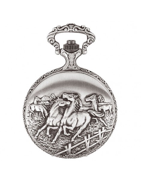 Montre de poche CHEVAUX en laiton palladium vieilli à couvercle, dato 3h, chiffres arabes