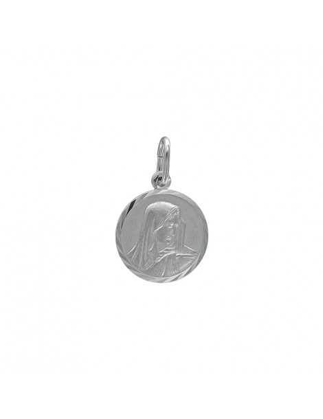 Médaille ronde en argent rhodié de la Vierge Marie avec contour ciselé