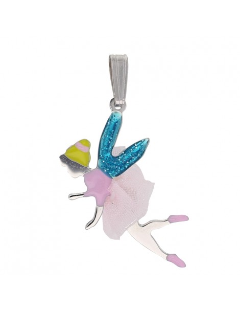 Pendentif fée en tutu et ailes bleues en argent rhodié