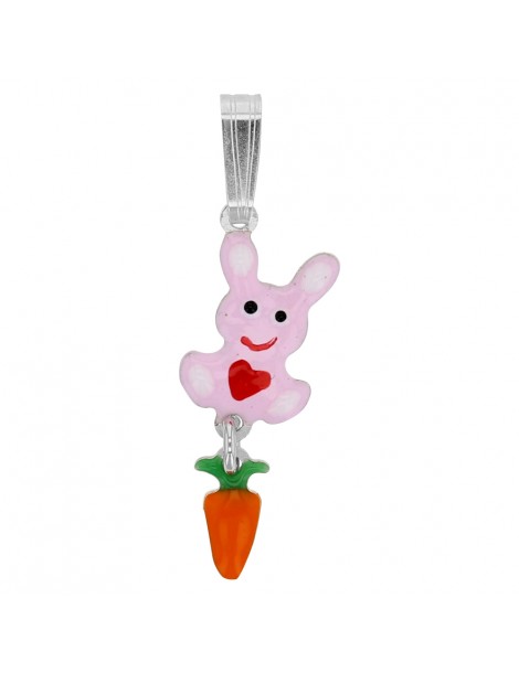 Pendentif lapin rose avec sa carotte en argent rhodié