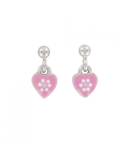 Earrings rhodium silver with pink heart for children