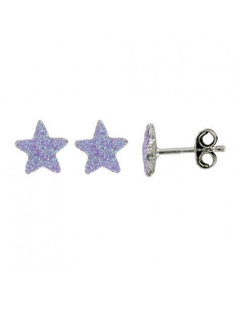 Earrings in rhodium-plated silver star shape purple with glitter