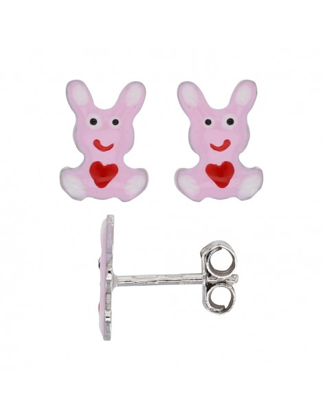 Boucles d'oreilles lapin blanc avec cœur rouge en argent rhodié