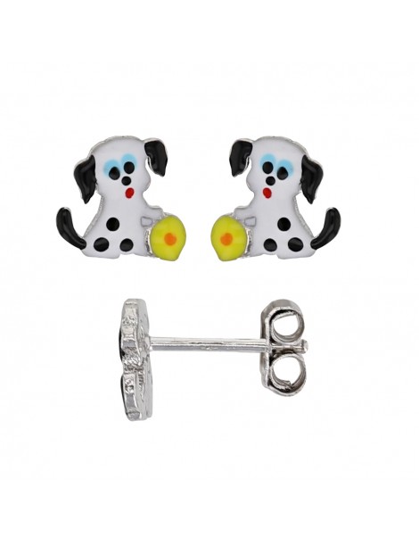 Boucles d'oreilles chien blanc et noir avec balle jaune en argent rhodié