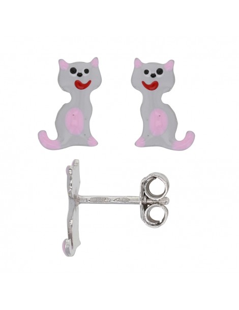 Boucles d'oreilles en forme de chat gris en argent rhodié