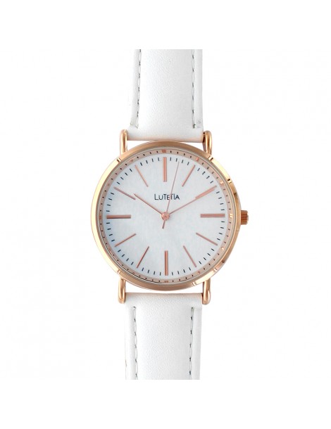 Reloj Lutetia con caja de metal rosa dorado y correa de piel blanca. 750108B Lutetia 35,00 €