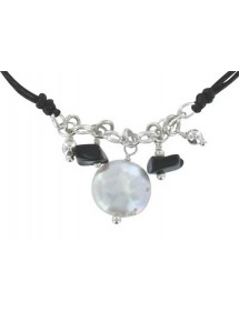 Bracelet cordon noir avec Agathe noir et Nacre blanche