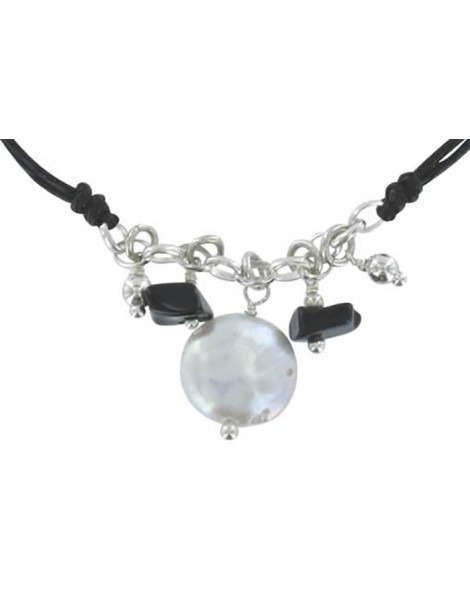 Bracelet cordon noir avec Agathe noir et Nacre blanche