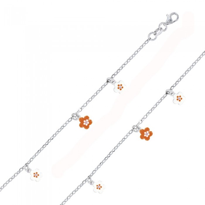 Rhodium silver bracelet with small white and orange flowers