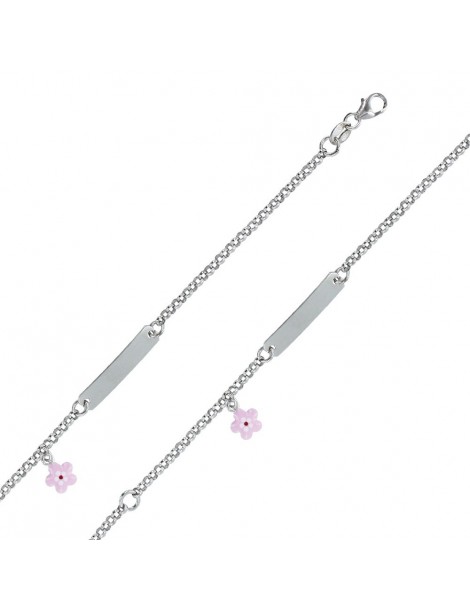 Gourmette identité fillette en argent rhodié ornée d'une fleur rose